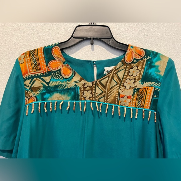 Vintage 80s 2 Piece Set Top Pants Teal Hawaiian Print Trim High Waisted Pleated - Picture 5 of 15